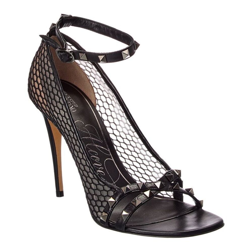 Valentino Rockstud Mesh & Leather Sandal, Black
